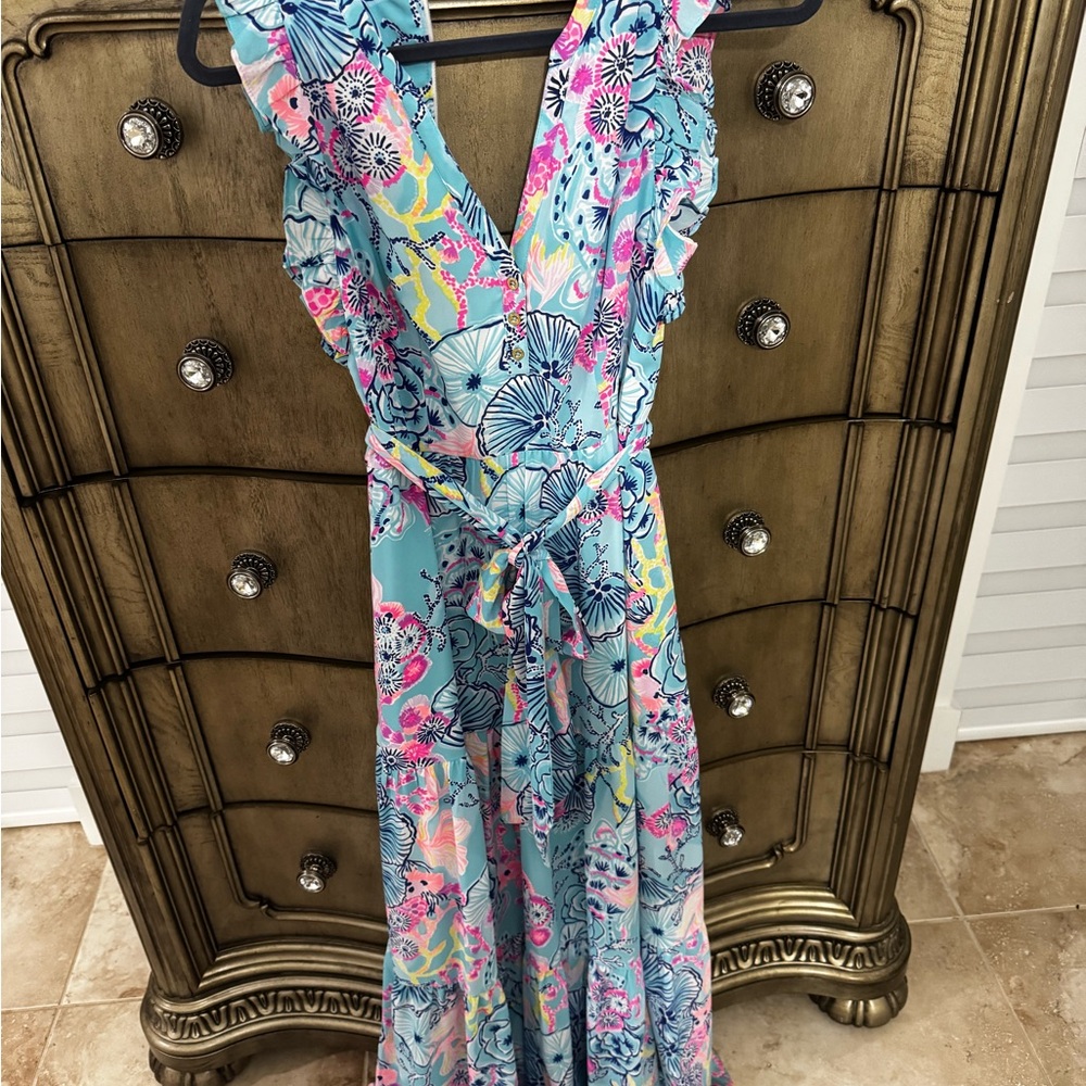 Lilly Pulitzer. Floral V-Neck Maxi Dress - Blue and Pink